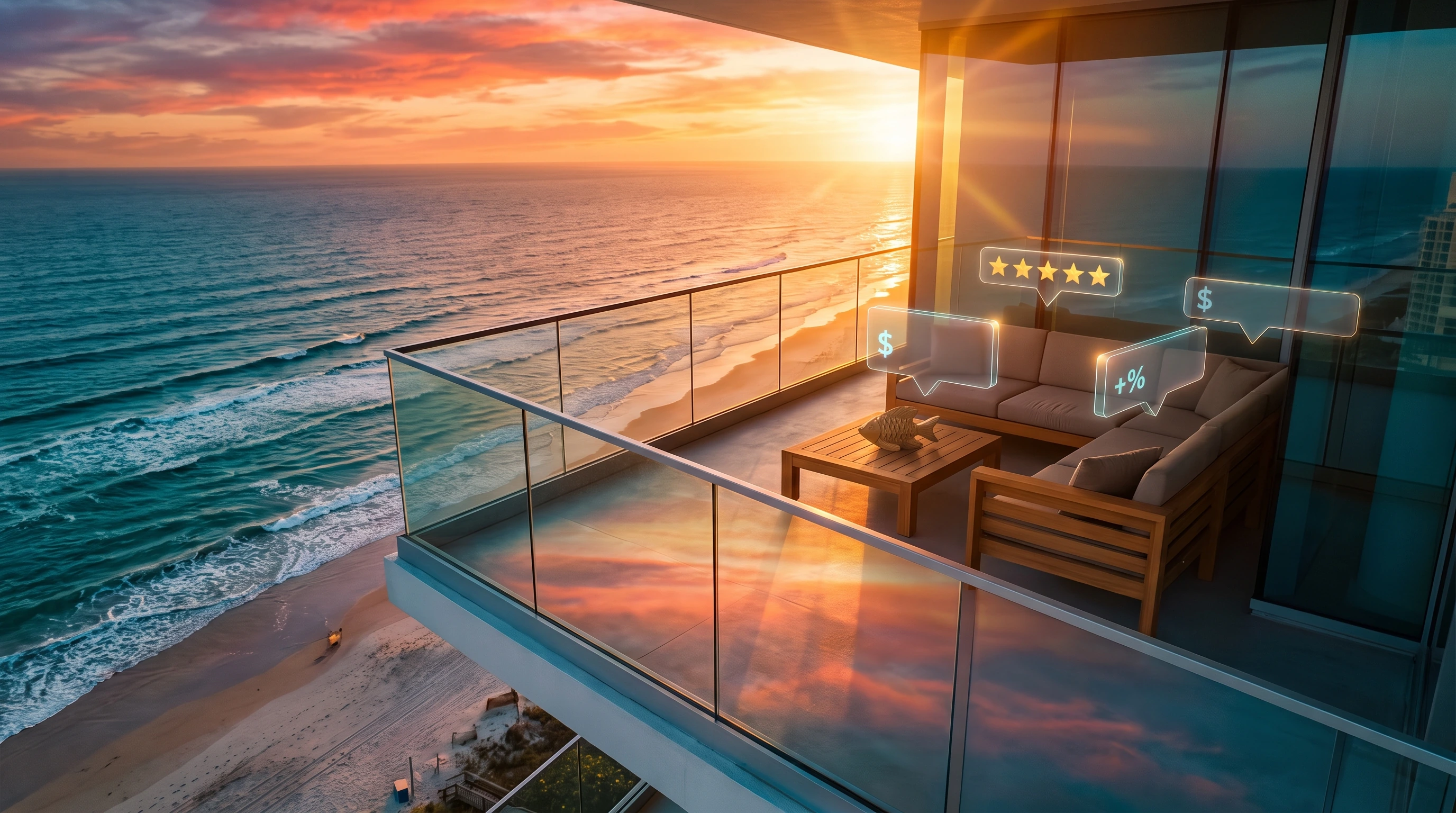 Luxury oceanfront penthouse balcony overlooking Daytona and Flagler Beach coastline